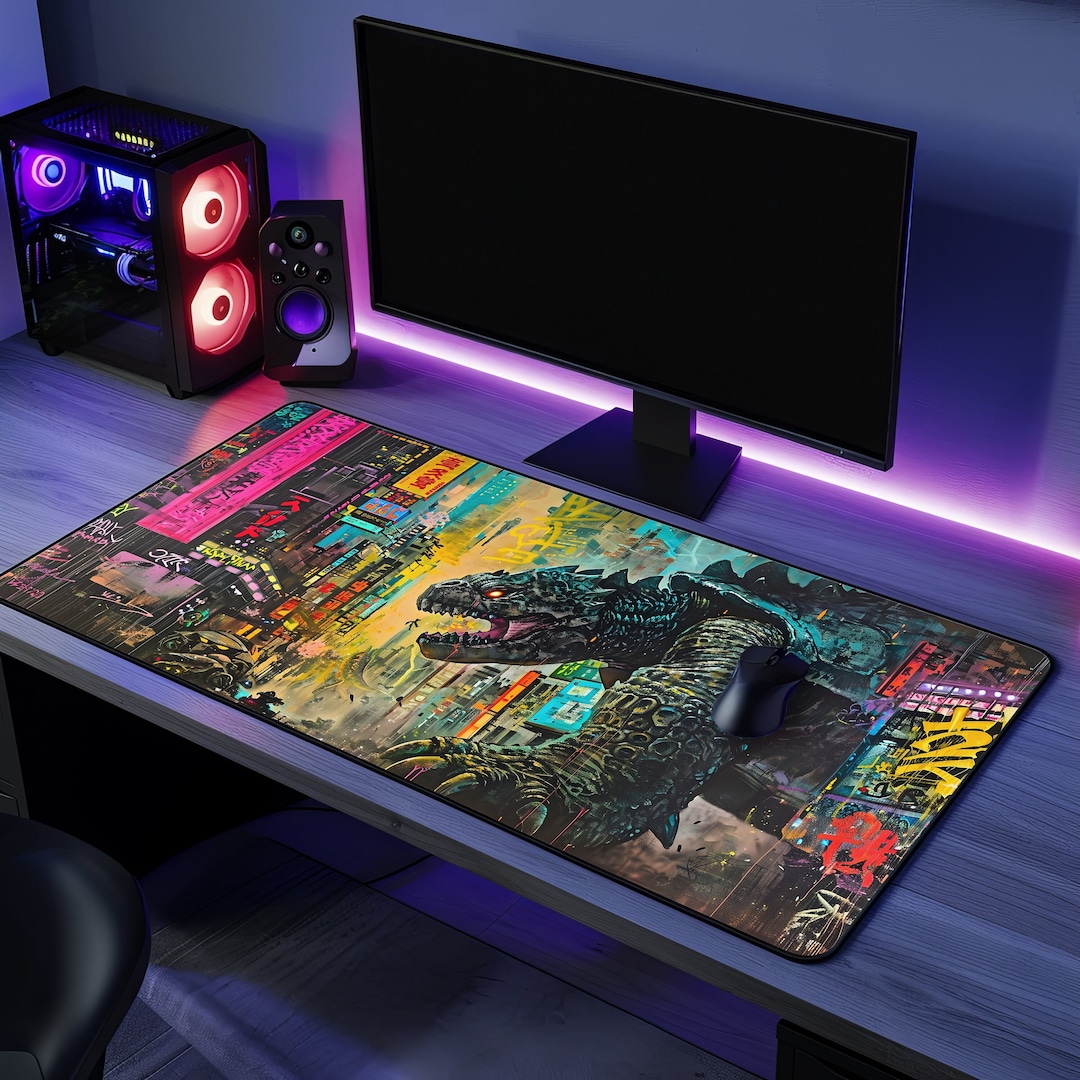 Kaiju Desk Mat, Cyberpunk Mouse Pad, Japanese Monster Art, Unique