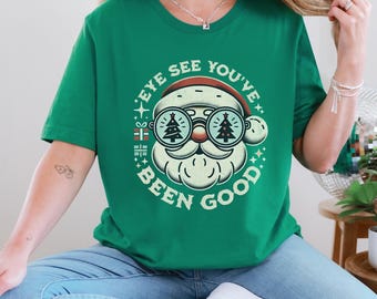 Retro Santa Optometry Christmas Tee: "Eye See You've Been Good"