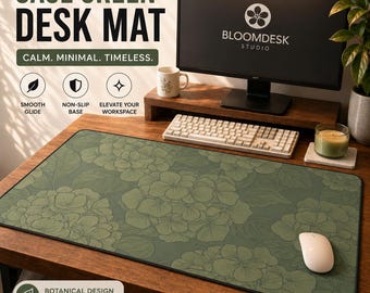 Sage Green Desk Mat | Aesthetic Minimal Workspace Mouse Pad, Japandi Desk Setup, Calm Office Decor