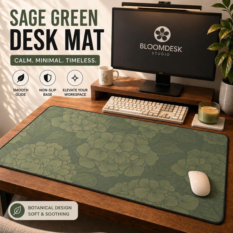 May include: A rectangular sage green desk mat featuring a repeating botanical pattern of hydrangea flowers in a darker shade of green. The mat has a smooth surface, a black stitched edge, and a non-slip base, displayed on a wooden desk surface.