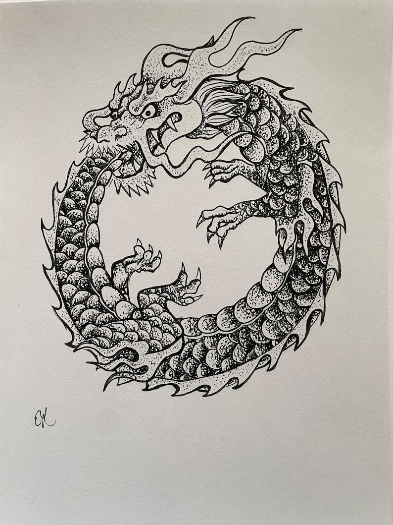 May include: A black and white ink drawing of a dragon curled in a circle, with its tail in its mouth. The dragon is detailed with scales and flames.