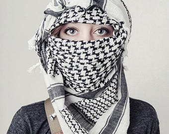 Woven Palestinian Keffiyeh Scarf: Classic Black and White 100% Cotton Shemagh