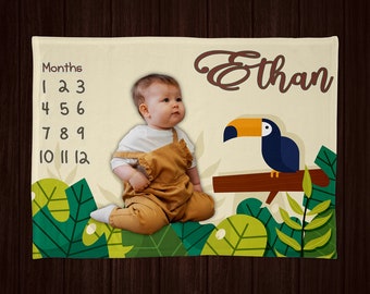 Toucan Milestone Blanket Neutral, Custom Baby Blanket Toucan, Personalized Baby Blanket Neutral, Toucan Growth Tracker, Baby Shower Toucan