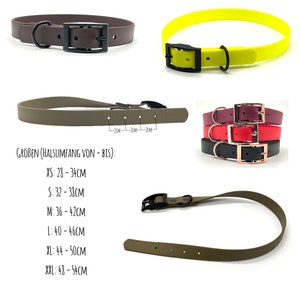 May include: A set of five dog collars in different colors and sizes. The collars are made of a durable, rubber-like material. The collars are shown with the size chart, which indicates the neck circumference in centimeters.  GR&Ouml;BEN (HALSUMFANG VON - BIS): XS: 28-34CM S: 32-38CM M: 36-42CM L:40-46CM XL: 44-50CM XXL: 48-54CM
