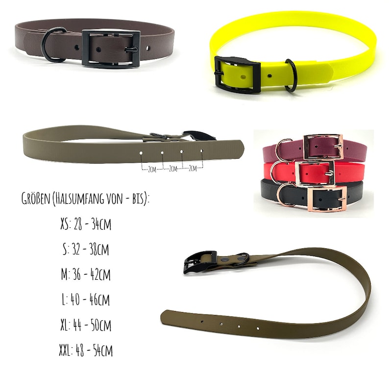 May include: A set of five dog collars in different colors and sizes. The collars are made of a durable, rubber-like material. The collars are shown with the size chart, which indicates the neck circumference in centimeters.  GR&Ouml;BEN (HALSUMFANG VON - BIS): XS: 28-34CM S: 32-38CM M: 36-42CM L:40-46CM XL: 44-50CM XXL: 48-54CM