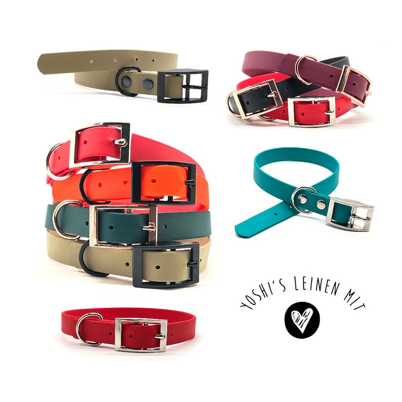 May include: Assortment of colorful dog collars in various colors, including teal, red, orange, green, and beige. The collars are made of a durable rubber material and feature a metal buckle and D-ring. The text "Yoshi's Leinen Mit" is visible in the image.