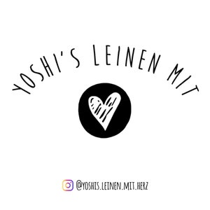May include: Black and white logo with the text "Yoshi's Leinen Mit" in a curved arc above a black circle with a white heart inside. The text "@yoshis.leinen.mit.herz" is below the circle.