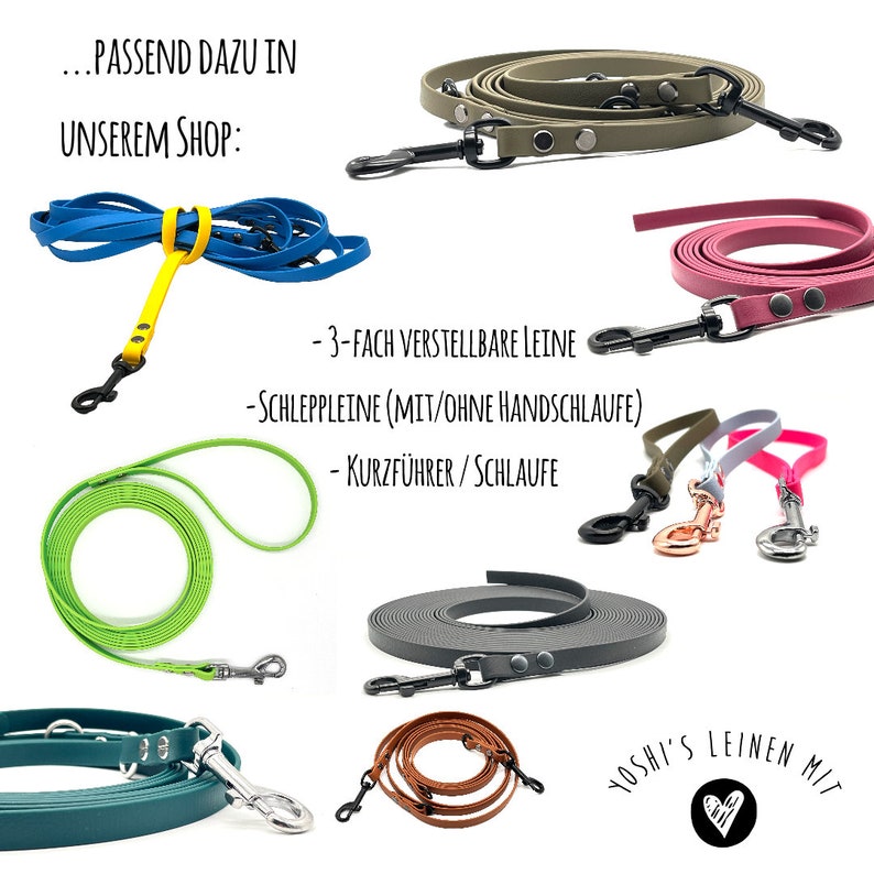 May include: Assortment of dog leashes in various colors and lengths, including green, blue, pink, gray, and brown. The leashes are made of durable, flexible material and feature sturdy metal clips.  The text on the image reads "...PASSEND DAZU IN UNSEREM SHOP: - 3-FACH VERSTELLBARE LEINE -SCHLEPPLEINE (MIT/OHNE HANDSCHLAUFE) - KURZF&Uuml;HRER/SCHLAUFE TOSHI'S LEINEN M/1"