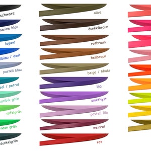 May include: A color chart with 20 different colors of leather cord. The colors are arranged in three columns, with each column having a different color theme. The colors are labeled in German.