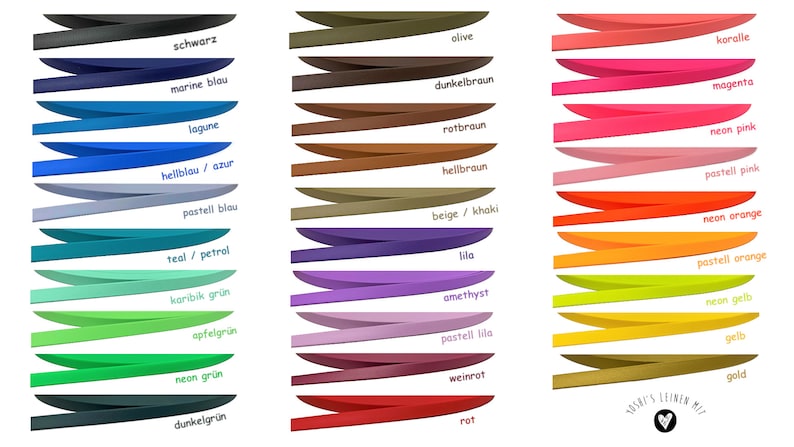 May include: A color chart with 20 different colors of leather cord. The colors are arranged in three columns, with each column having a different color theme. The colors are labeled in German.
