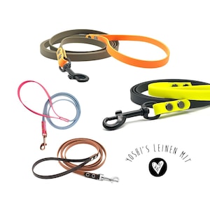 May include: A selection of dog leads in diverse colours: olive green with orange, pink with blue, brown, and black with yellow. Each lead has a metal clasp for secure attachment.