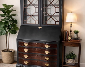 Vintage Maddox Mahogany Secretary Desk | Black French Country Hutch, Drop Front Writing Surface