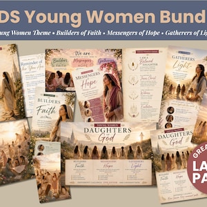 Puede incluir: Una colección de materiales impresos titulada LDS Young Women Bundle, con temas como Builders of Faith, Messengers of Hope y Gatherers of Light. Los documentos incluyen ilustraciones de figuras con túnicas, paisajes y texto sobre hijas de Dios.