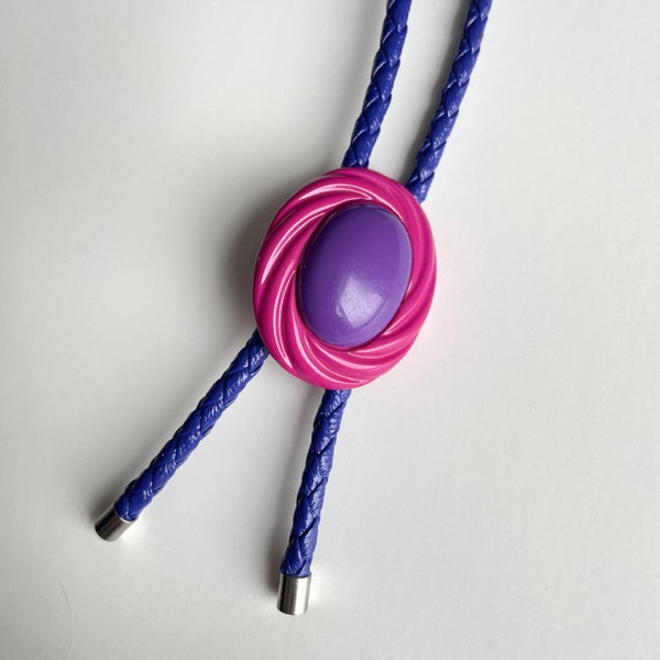 Bolo neck tie POP, handmade, plastic pink and purple jewerly, blue braided faux leather and silver end tips