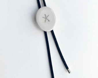 Bolo neck tie ETOILE all handmade, ceramic oval glossy white glaze, black suede cord, silver end tips