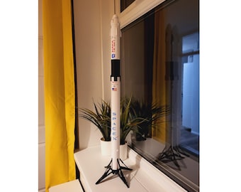 Può includere: Un modello di razzo bianco con le parole "SpaceX" e "NASA" stampate sul lato. Il razzo è su un treppiede nero.