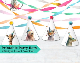 Printable Party Hats Party, Wild Animals, Birthday Decor, Safari Birthday, Wild One, Jungle, Digital Download, Instant Access