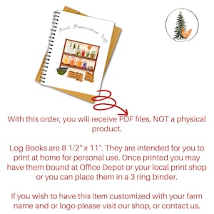 May include: A spiral-bound "Food Preservation Log" notebook with a brown cover. The cover features a colorful illustration of a pantry shelf filled with jars of preserved food. A small circular graphic shows a tree and a chicken.