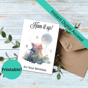 Carte d'anniversaire drôle de cochon, carte de voeux imprimable, téléchargement numérique, carte d'anniversaire imprimable, cochon aquarelle, amateur de cochon, carte de ferme