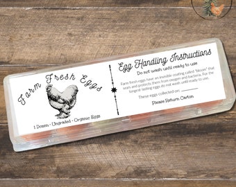 May include: A white plastic egg carton with a black and white label that reads "Farm Fresh Eggs". The label also includes a drawing of a hen and the text "1 Dozen - Ungraded - Organic Eggs". The carton has a separate label with the text "Egg Handling Instructions" and instructions on how to handle the eggs. The text on the label reads "Do not wash until ready to use. Farm fresh eggs have an invisible coating called 'bloom' that seals and protects them from oxygen and bacteria. For the longest-lasting eggs do not wash until ready to use. These eggs collected on: Please Return Carton."