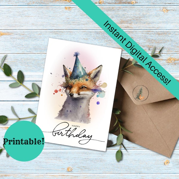 Fox Birthday Card, Printable Greeting Card, Digital Download, Printable Birthday Card, Silly Fox, Fox Lover, Forrest Animal, Animal Card