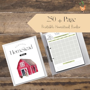 May include: A printable homestead binder with over 250 pages. The cover features a watercolor illustration of a red barn with a white door and a white goat standing in front of it. The text "COMPLETE Homestead BINDER" is printed on the cover.