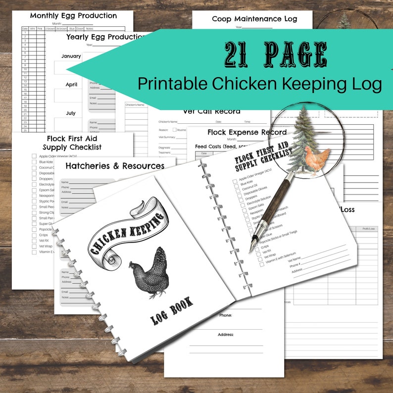 May include: A 21-page printable chicken keeping log book with a black and white illustration of a chicken on the cover. The log book includes sections for monthly egg production, yearly egg production, coop maintenance, flock first aid supply checklist, hatcheries and resources, flock expense record, and ver call record.
