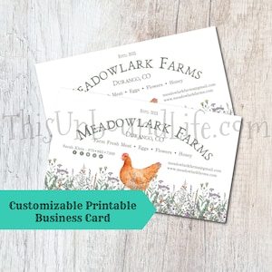 Cartão de visita de frango com borda floral, cartão de visita para impressão, arquivos JPG/PDF, cartão de visita personalizado, marca de fazenda, marca comercial