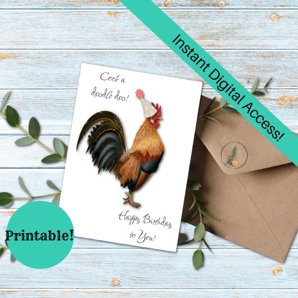 Funny Rooster Birthday Card, Greeting Card Printable, Digital Download, Printable Birthday Card, Rooster, Chicken Lover, Chicken Humor