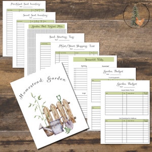 K&ouml;nnte beinhalten: Druckbare Gartenplaner-Seiten mit Aquarell-Illustrationen von Gartenger&auml;ten und einem Zaun. Die Seiten beinhalten Abschnitte f&uuml;r gekaufte Saatgutbest&auml;nde, gespeicherte Saatgutbest&auml;nde, Gartenbeet-Layout-Plan, Saatgut-Start-Protokoll, Pflanzen-/Start-Einkaufsliste, saisonale Aufgaben und Gartenbudget.