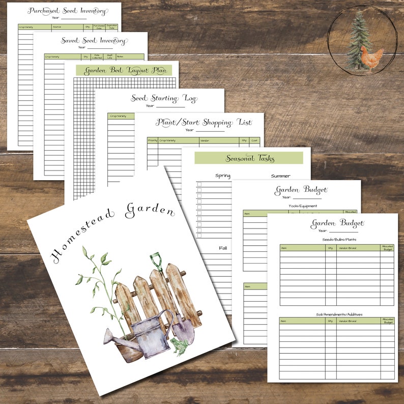K&ouml;nnte beinhalten: Druckbare Gartenplaner-Seiten mit Aquarell-Illustrationen von Gartenger&auml;ten und einem Zaun. Die Seiten beinhalten Abschnitte f&uuml;r gekaufte Saatgutbest&auml;nde, gespeicherte Saatgutbest&auml;nde, Gartenbeet-Layout-Plan, Saatgut-Start-Protokoll, Pflanzen-/Start-Einkaufsliste, saisonale Aufgaben und Gartenbudget.