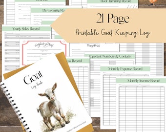 May include: A 21-page printable goat-keeping log book with a spiral binding. The cover features a watercolor illustration of a baby goat. Includes sections for records, such as goat index, bio, sales, and expenses. The text "Printable Goat Keeping Log" is also visible.