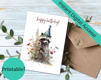 Raccoon Birthday Card, Printable Greeting Card, Digital Download, Printable Birthday Card, Raccoon Lover, Forrest Animal, Animal Card