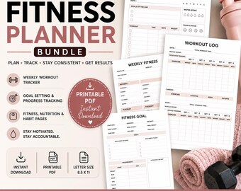 May include: A fitness planner bundle featuring multiple printable PDF pages for tracking workouts, daily fitness, and goals. The documents include sections for exercise, reps, weight, and habits, with a pink and black color scheme and 8.5 x 11 inch text.