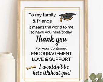 May include: A framed print with a graduation theme. The text reads "To my family & friends, Thank you for your continued encouragement, love & support. I wouldn't be here without you!" A graduation cap and diploma are also featured.