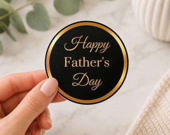 Klistermärke med "Glad fars dag" | Elegant rund svartguldetikett (digital nedladdning)