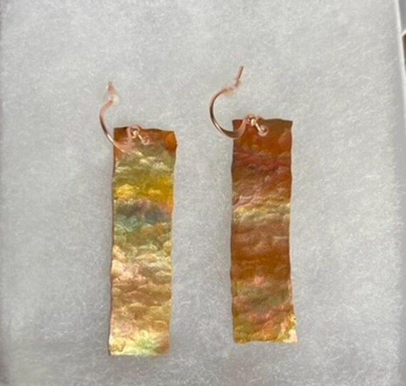 Handmade Rectangular Hammered Copper Earrings – Long Flame-Patina Dangle Jewelry