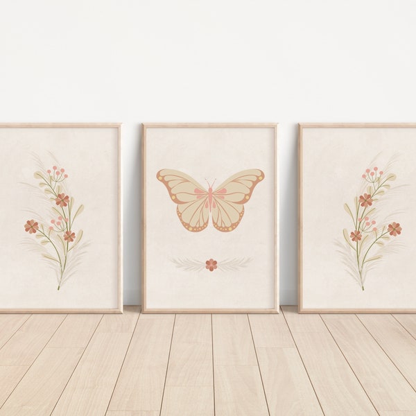 Boho Floral with Boho Butterfly Nursery Art,Set of 3 prints, Baby Girls Nursery, Wildflower nursery, Baby girl Wall Art, Boho nursery decor