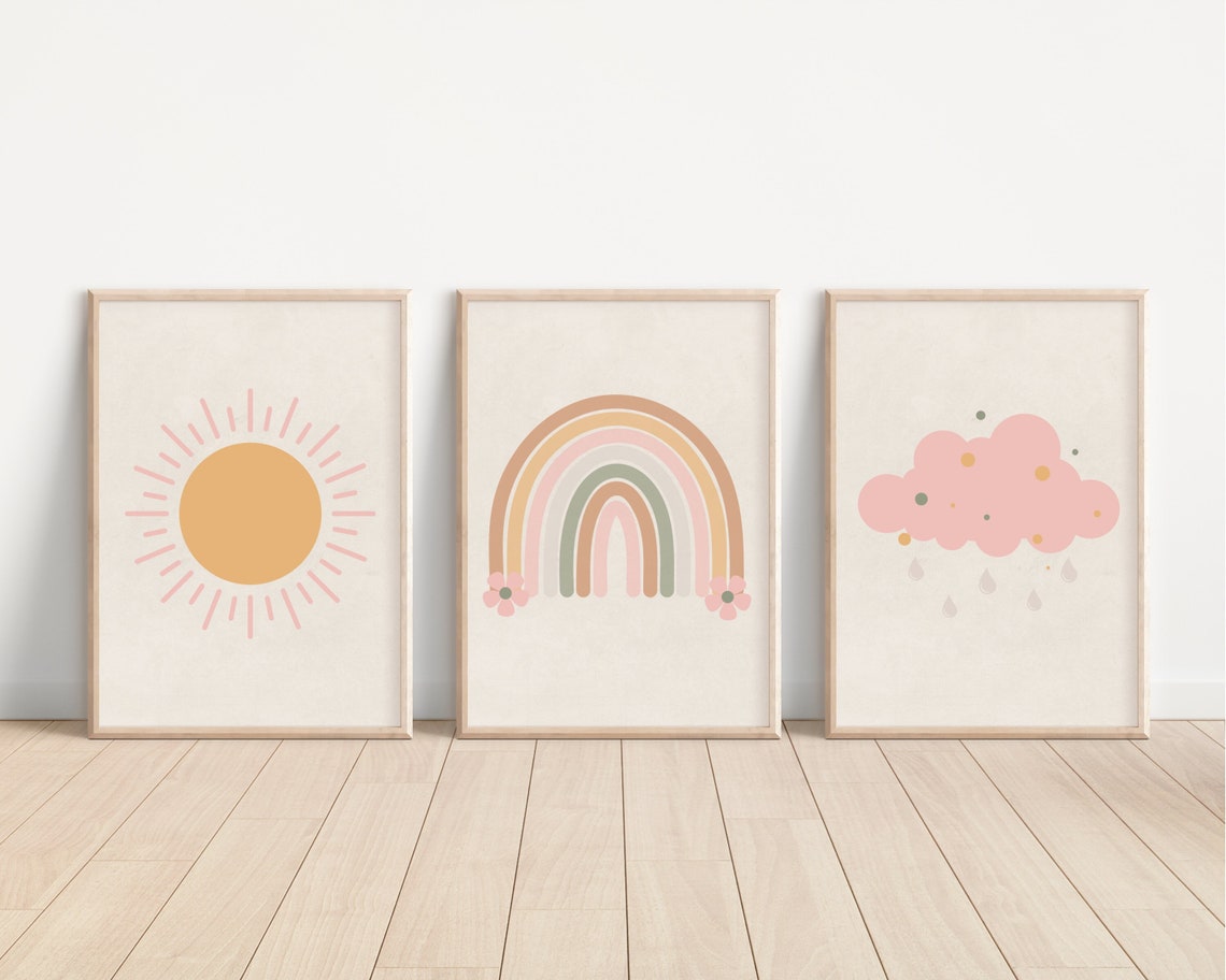 Boho Rainbow Set of 3 Nursery Art Prints, Girls Rainbow & Flowers ...
