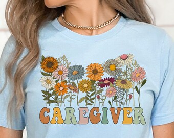 Caregiver Shirts for Women Floral Caregiver TShirt Retro Caregiver T Shirt CNA Tees DSP Nurse Shirt Family Caregiver Alzheimers Caregiver