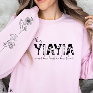 New Yiayia Shirt I Wear My Heart On My Sleeve Yiayia Sweatshirt Custom Children&#39;s Name on Sleeve Greek Grandma Sweater Birth Month Flower