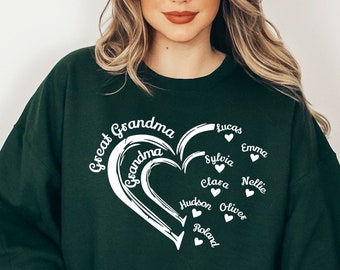 Custom Great Grandma Heart Sweatshirt, Grandma Sweater Heart with kid names Shirt, Mothers Day Gift Mom Crewneck, Promoted to Great Grandma