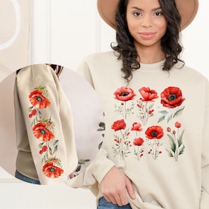 Poppy Sweatshirt Poppy Flower Shirt Vintage Flower Lover Shirt Boho Graphic Tees voor vrouwen Rode bloementrui geperste wilde bloemen voor moeder