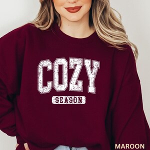 May include: A maroon sweatshirt with a white distressed graphic that says "Cozy Season".
