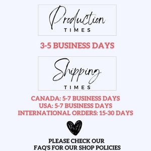 Peut inclure: Un graphique avec le texte "Production Times" et "Shipping Times" avec les temps de production et d'exp&eacute;dition indiqu&eacute;s pour le Canada, les &Eacute;tats-Unis et les commandes internationales.