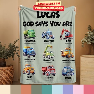Personalized Tractor Blanket: God Says I Am, Minky Fleece Throw