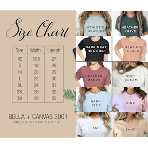 May include: Size chart for Bella + Canvas 3001 unisex jersey short sleeve tee. The chart shows the width and length in inches for sizes XS to 3XL. The chart also shows the colour options for the tee, including Athletic Heather, Heather Olive, Dark Grey Heather, Heather Peach, Heather Mauve, Soft Cream, Baby Blue, Pink, Ash, and Sand.