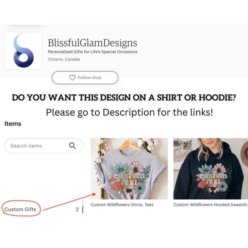 Peut inclure: Deux images montrant un t-shirt gris et un sweat-shirt noir avec un motif floral et le texte "custom text". Le texte est dans une police color&eacute;e. Les images sont sur un fond blanc.