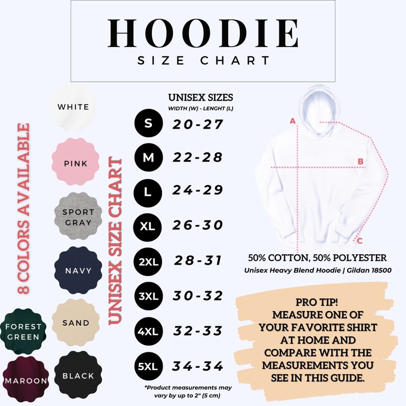 May include: Unisex hoodie size chart with measurements in inches. The chart shows eight colour options: white, pink, sport grey, navy, sand, forest green, maroon, and black. The chart also includes a diagram of the hoodie with measurements labelled A, B, and C. The fabric composition is 50% cotton and 50% polyester. The chart includes a tip to measure a favourite shirt at home and compare the measurements to the chart.