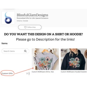 May include: Two images showing a gray t-shirt and a black hoodie with a floral design and the text "custom text". The text is in a colorful font. The images are on a white background.